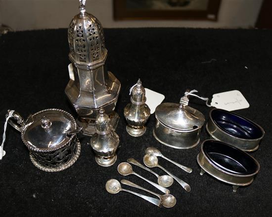 Silver sugar caster, pair urn peppers, pair oval salts & a mustard, a plated mustard & sundry silver & plated spoons